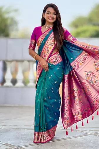 Designer teal blue meenakari weaving work paithani silk saree