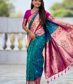 Designer teal blue meenakari weaving work paithani silk saree