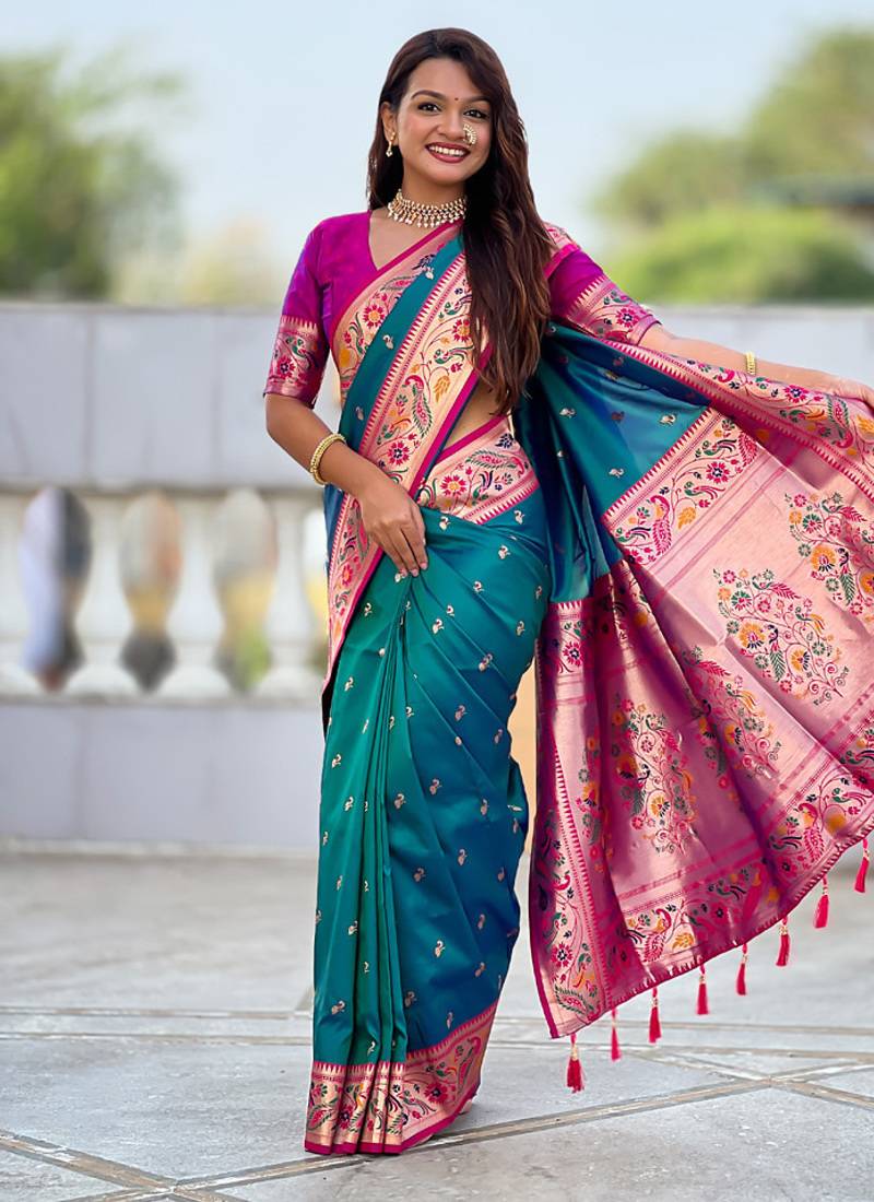 Designer teal blue meenakari weaving work paithani silk saree