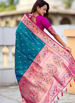 Designer teal blue meenakari weaving work paithani silk saree 2