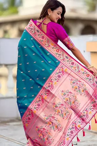 Designer teal blue meenakari weaving work paithani silk saree