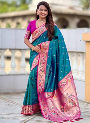 Designer teal blue meenakari weaving work paithani silk saree 3