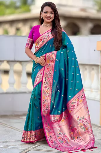 Designer teal blue meenakari weaving work paithani silk saree