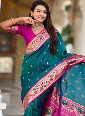 Designer teal blue meenakari weaving work paithani silk saree 5