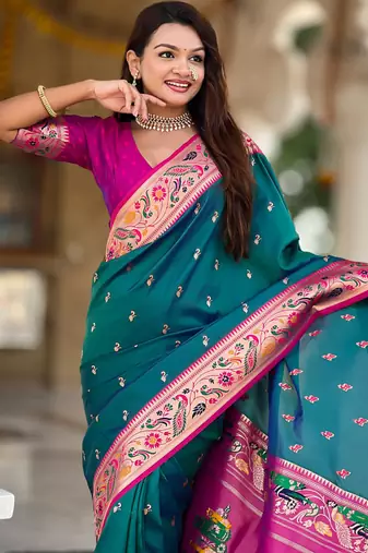 Designer teal blue meenakari weaving work paithani silk saree