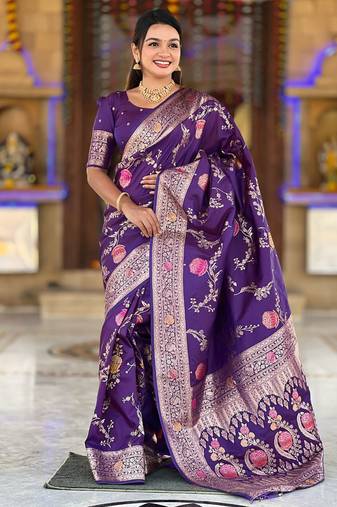 Designer purple zari weaving work banarasi silk saree