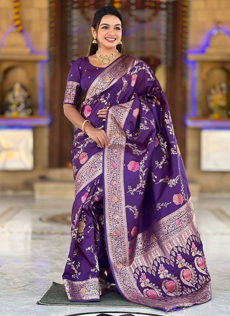 Designer purple zari weaving work banarasi silk saree