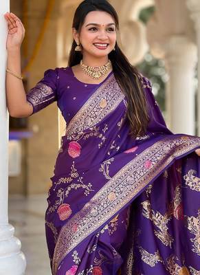 Designer purple zari weaving work banarasi silk saree 3