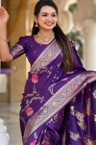 Designer purple zari weaving work banarasi silk saree