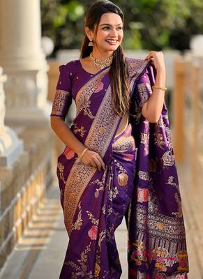 Designer purple zari weaving work banarasi silk saree 5