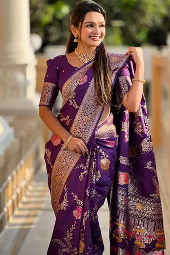 Designer purple zari weaving work banarasi silk saree