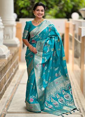 Designer sky blue zari weaving work banarasi silk saree 1