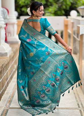 Designer sky blue zari weaving work banarasi silk saree 2