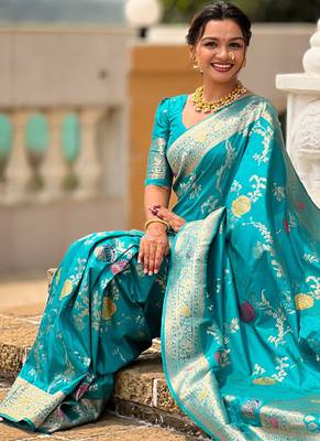 Designer sky blue zari weaving work banarasi silk saree 3