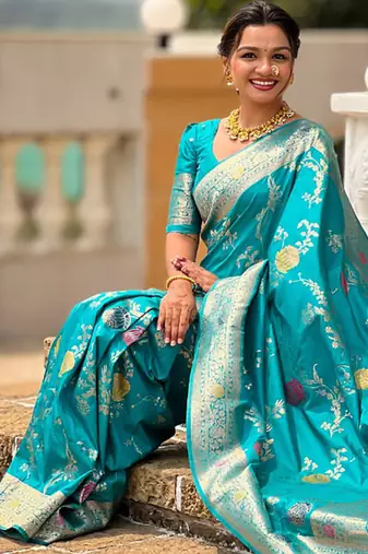 Designer sky blue zari weaving work banarasi silk saree