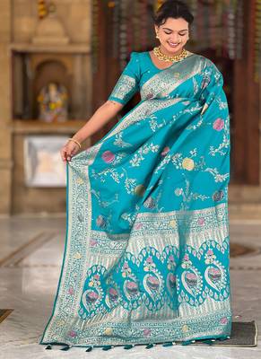 Designer sky blue zari weaving work banarasi silk saree 4