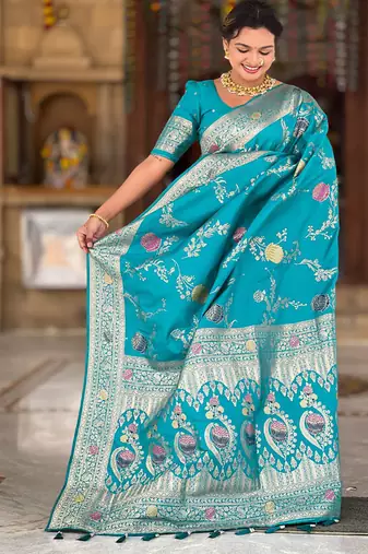 Designer sky blue zari weaving work banarasi silk saree