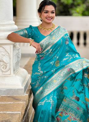 Designer sky blue zari weaving work banarasi silk saree 5