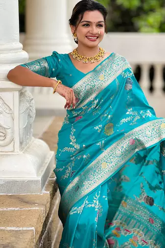 Designer sky blue zari weaving work banarasi silk saree