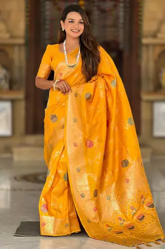 Designer yellow zari weaving work banarasi silk saree