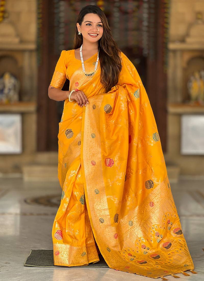 Designer yellow zari weaving work banarasi silk saree
