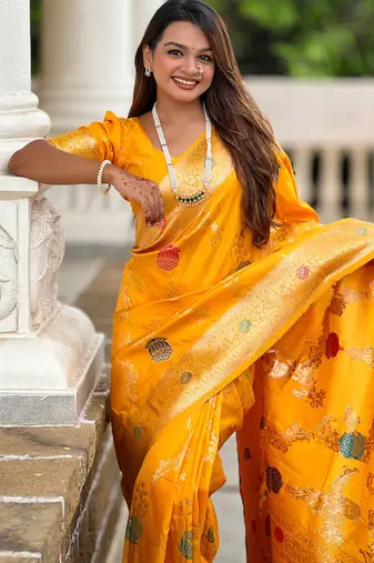 Designer yellow zari weaving work banarasi silk saree