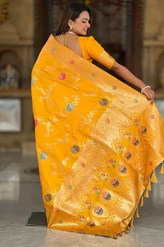 Designer yellow zari weaving work banarasi silk saree