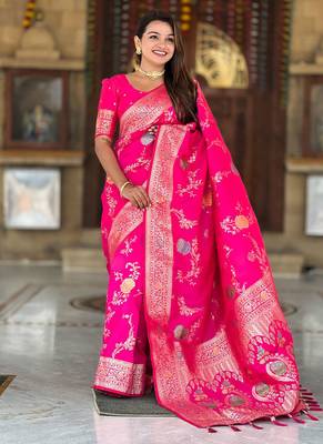 Designer pink zari weaving work banarasi silk saree 1