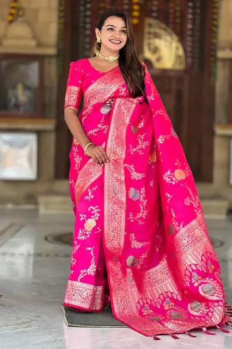 Designer pink zari weaving work banarasi silk saree