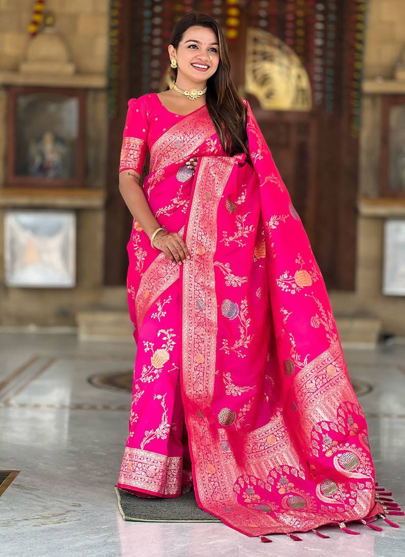Designer pink zari weaving work banarasi silk saree