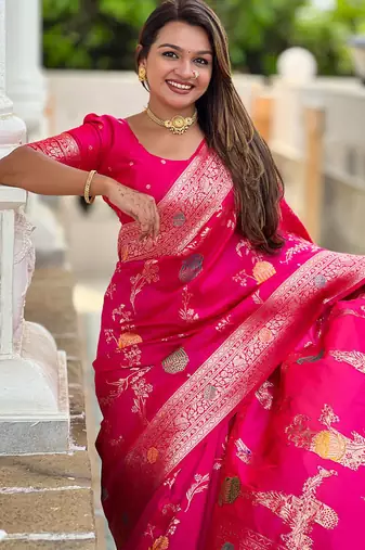 Designer pink zari weaving work banarasi silk saree