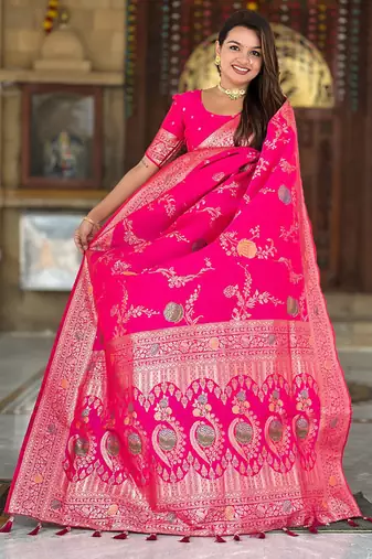 Designer pink zari weaving work banarasi silk saree