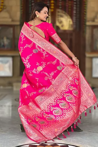 Designer pink zari weaving work banarasi silk saree