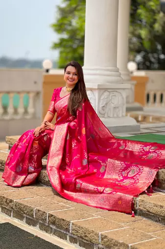 Designer pink zari weaving work banarasi silk saree