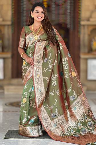 Designer mehendi green zari weaving work banarasi silk saree