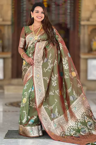 Designer mehendi green zari weaving work banarasi silk saree
