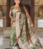 Designer mehendi green zari weaving work banarasi silk saree
