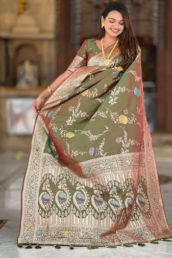 Designer mehendi green zari weaving work banarasi silk saree