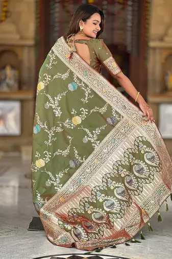 Designer mehendi green zari weaving work banarasi silk saree