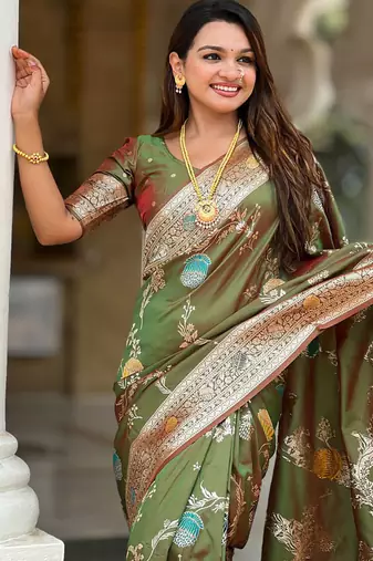 Designer mehendi green zari weaving work banarasi silk saree