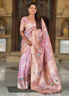 Designer pink zari weaving work banarasi silk saree 1