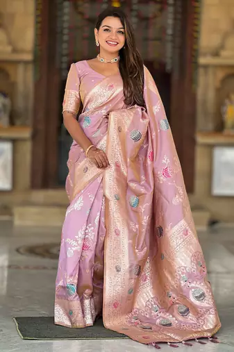 Designer pink zari weaving work banarasi silk saree