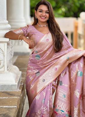 Designer pink zari weaving work banarasi silk saree 2