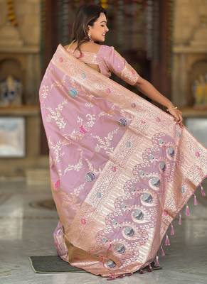Designer pink zari weaving work banarasi silk saree 3