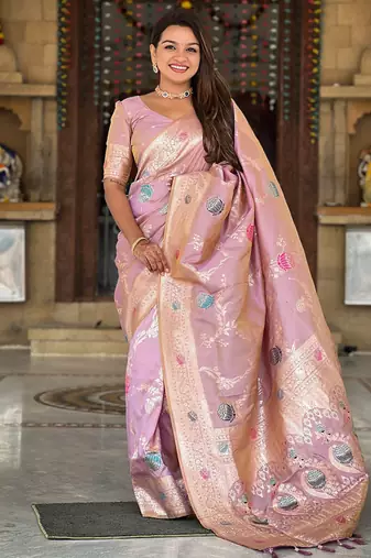 Designer pink zari weaving work banarasi silk saree
