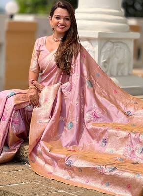 Designer pink zari weaving work banarasi silk saree 5