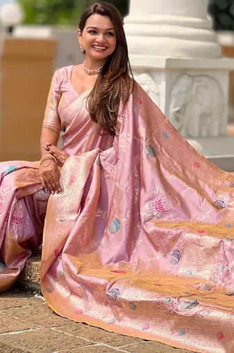 Designer pink zari weaving work banarasi silk saree