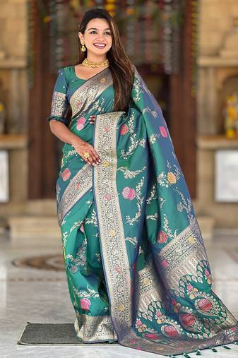 Designer teal green zari weaving work banarasi silk saree
