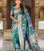 Designer teal green zari weaving work banarasi silk saree