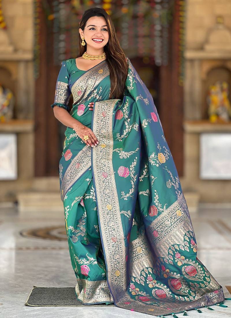 Designer teal green zari weaving work banarasi silk saree